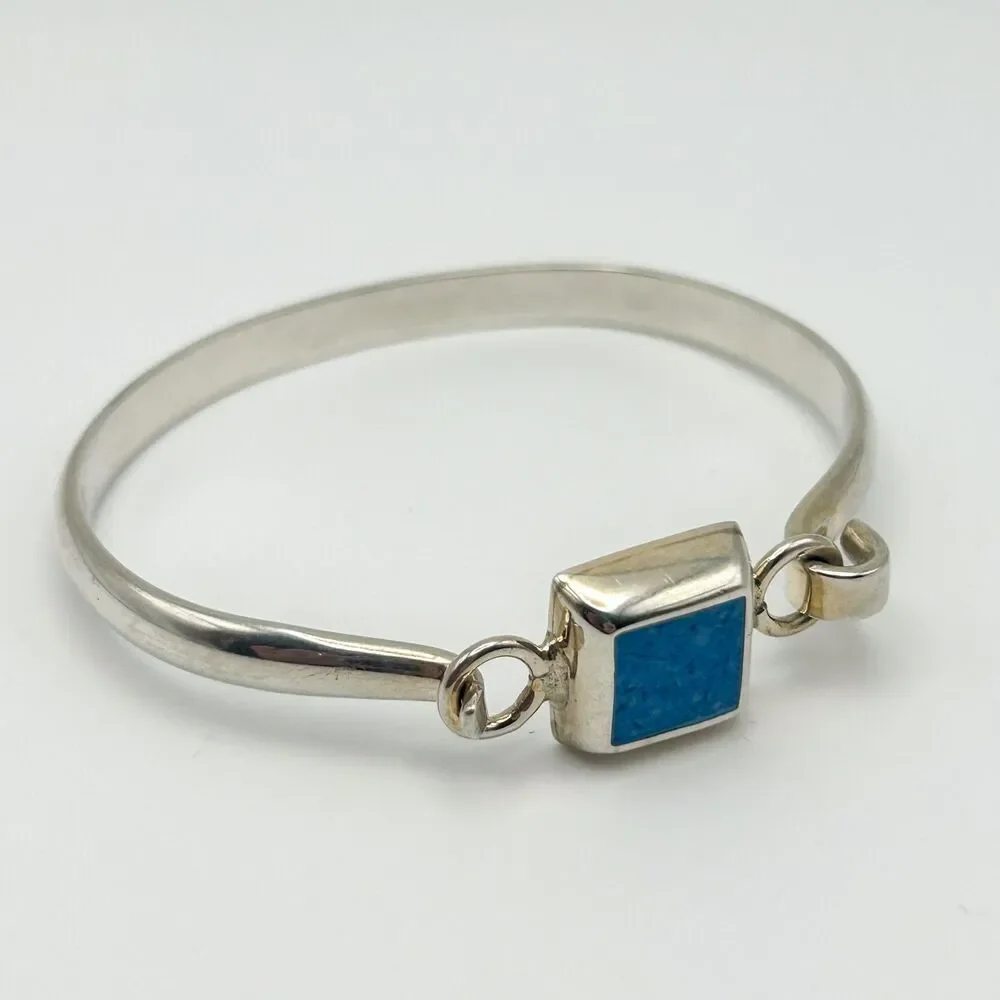 Sterling Silver 925 Hinged Bangle Turquoise-Color Square Stone Southwestern
